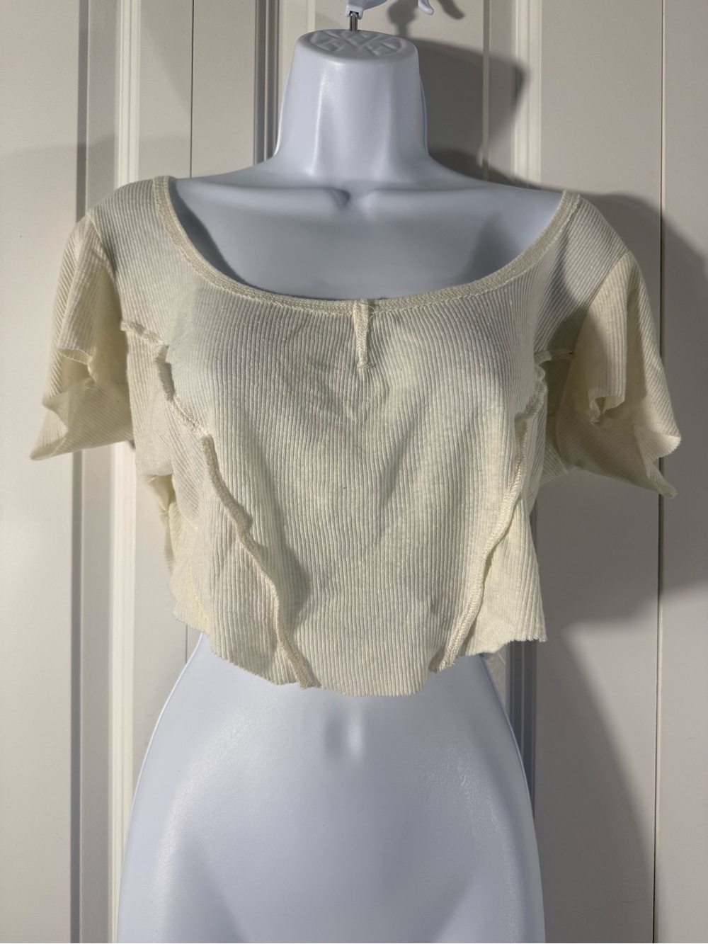 Urban Outfitters Cream Ribbed Ruffle-Trim Crop Top